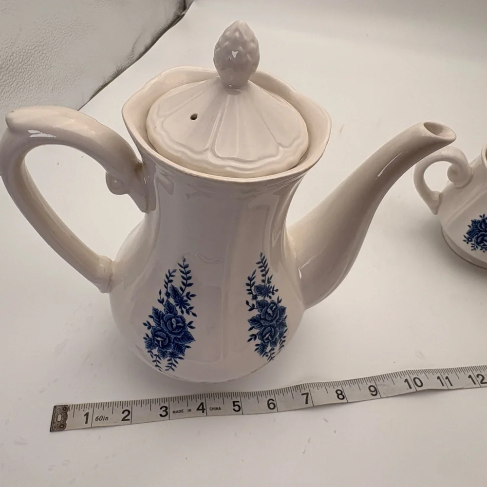 Vintage Mayhill Federalist Ironstone Teapot and Sugar Bowl Set - Blue and White